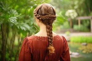 mujer trenza pelo hacer Mira desde espalda profesional publicidad fotografía ai generativo foto