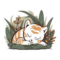 Cute cat sleeping in the jungle. Vector illustration in cartoon style.