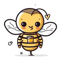 Cute cartoon bee holding a cup of coffee. Vector illustration.
