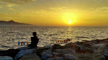 silhouette de une femme à la recherche à le vue sur le plage à le coucher du soleil video