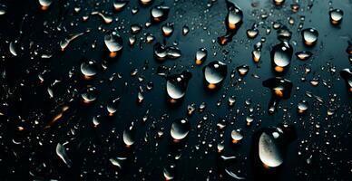 Full frame of water drops sliding on a black wet surface - AI generated image photo