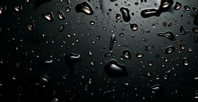 Full frame of water drops sliding on a black wet surface - AI generated image photo