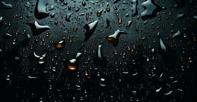 Full frame of water drops sliding on a black wet surface - AI generated image photo