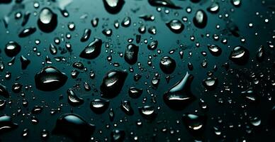 Full frame of water drops sliding on a black wet surface - AI generated image photo