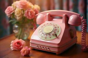 antiguo teléfono en mesa pastel color Clásico estilo ai generado foto