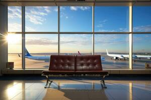 esperando habitación a el aeropuerto con el grande ventana ai generado foto