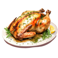 un' piatto di arrostito pollo con erbe aromatiche su esso ai generativo png