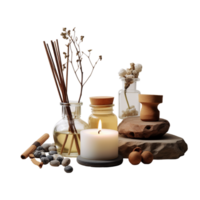 Composition of stones burning candle and aroma sticks in bottle Ai Generative png