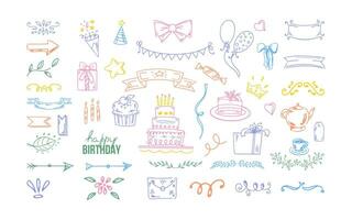 Birthday doodle set. Hand drawn vector Happy Birthday sketches on white background. Envelope, cake, balloon, ice cream, flags, hearts, labels, ribbons, bow, gift, star.