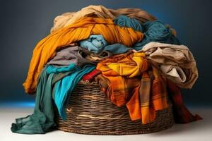 Pile of dirty clothes and Wicker basket with dirty laundry professional advertising photography AI Generative photo