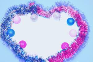 New Year's Christmas background with toys, balls, garlands, tree snowy rain photo