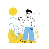 Man is standing. Gesture of greeting. Hand in pocket. Modern trendy character walk on abstract nature. Outline cartoon illustration. Hi and hello vector