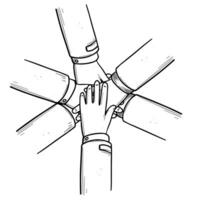 Stack of hands. Many businessman palms. The concept of team, cooperation and friendship. Sketch cartoon illustration vector