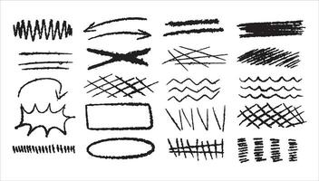 Set of doodle crosses, swirls, broken lines and arrow. Hand-drawn geometric shapes. Abstract sketch symbols. vector