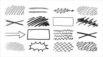 Set of doodle crosses, swirls, broken lines and arrow. Hand-drawn geometric shapes. Abstract sketch symbols. vector