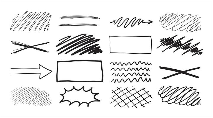 Set of doodle crosses, swirls, broken lines and arrow. Hand-drawn geometric shapes. Abstract sketch symbols.