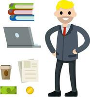 Businessman in suit. Man gestures hand. Office worker. happy Employee of company stands in pose. Funny guy in tie. Cartoon flat illustration vector