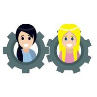 Teamwork. Interaction between people. Relationship between girl and women. Flat cartoon. Gear with the heads of characters. Abstract social concept vector