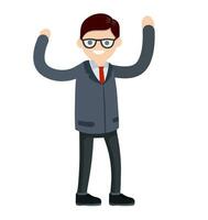 hombre de negocios en traje. el hombre hace gestos con la mano. empleado de oficina. feliz empleado de la empresa está en pose. tipo gracioso con corbata. ilustración plana de dibujos animados vector