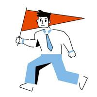 Businessman character run with red flag. Race and career. Success in business. Man in suit and tie. Trendy geometric modern cartoon. vector