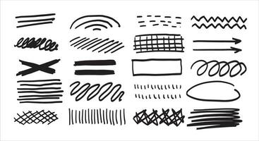 Set of doodle crosses, swirls, broken lines and arrow. Hand-drawn geometric shapes. Abstract sketch symbols. vector
