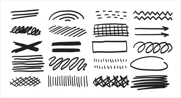 Set of doodle crosses, swirls, broken lines and arrow. Hand-drawn geometric shapes. Abstract sketch symbols.