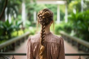 mujer trenza pelo hacer Mira desde espalda profesional publicidad fotografía ai generativo foto