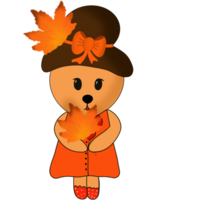 Little bear in autumn holding maple leaves png