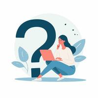 Illustration Woman with laptop and question mark. These illustrations can be used for various purposes, such as graphic design, animation, and learning media. Flat design style vector