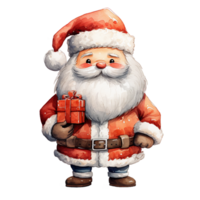 Watercolor clipart of a Santa Claus holding a present isolated on transparent background. AI Generative png