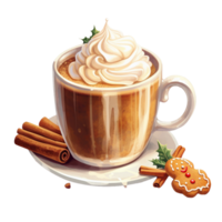 Cup of coffee with whipped cream, gingerbread man and cinnamon sticks on transparent background. AI Generative png