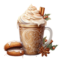 Cup of coffee with whipped cream, cookies and cinnamon sticks on transparent background. AI Generative png