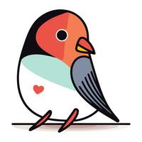 Cartoon vector illustration of cute cartoon little bird with red heart.