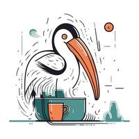 Pelican sitting on a cup of coffee. Vector illustration in cartoon style.