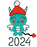 New Year 2024 card template with happy dragon cartoon character. Perfect for tee, poster, sticker. Doodle vector illustration.