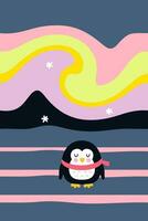 Tiny penguin on the pole under the sky with the Aurora Borealis lights. Vector illustration for poster, card, banner. Vertical print for decor and design.