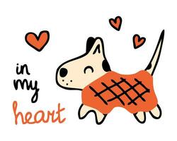 Doodle cute puppy in a coat with hearts and inscription. Love for dogs concept. Hand drawn vector print for T-shirt, postcard, sticker.