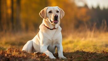 un amarillo laboratorio perro tendido en el césped ai generado foto