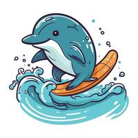 Cute cartoon dolphin jumping out of the water. Vector illustration.