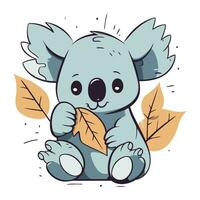 Cute cartoon koala sitting with autumn leaves. Vector illustration.