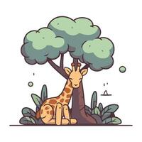 Vector illustration of cute giraffe sitting under tree. Flat style.