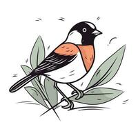 Bullfinch on branch with leaves. Vector illustration in cartoon style.