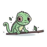 Cute cartoon chameleon sitting on a branch. Vector illustration.