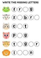 Educational game for kids Fill in the missing letters. Printable worksheets vector