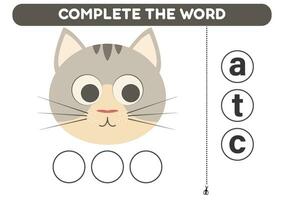 Educational game for kids Complete the word cat Printable worksheets vector