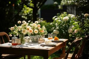 table set for a summer brunch in the garden AI Generated photo