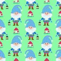 Vector seamless pattern with the image of a dwarf with a lantern on a green background. Seamless vector printing on children is fabrics, wallpaper, textiles, packaging, design.
