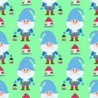 Vector seamless pattern with the image of a dwarf with a lantern on a green background. Seamless vector printing on children is fabrics, wallpaper, textiles, packaging, design.