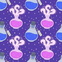 Seamless pattern with magic potion and bottled elixirs on a purple background, Halloween pattern. Vector illustration. Halloween template, banner design, wrapping paper, packaging, web.