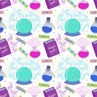 Vector seamless pattern for Halloween.Badges with a magic ball, a book about magic, potions, Halloween candy.Design elements, posters, book cover backgrounds, wallpapers, design,graphics, invitations.